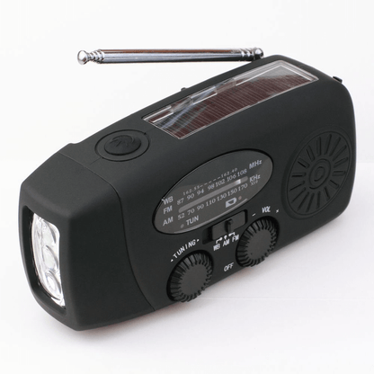 Emergency preparedness radio, wind-up and solar, featuring an integrated power bank