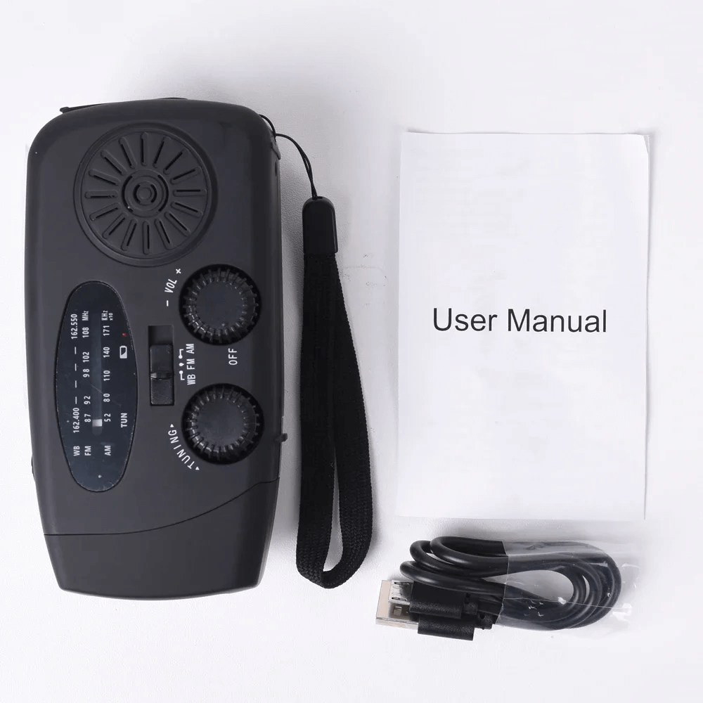 Durable portable radio for outdoor use, includes hand crank and emergency flashlight