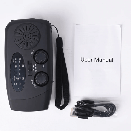Durable portable radio for outdoor use, includes hand crank and emergency flashlight