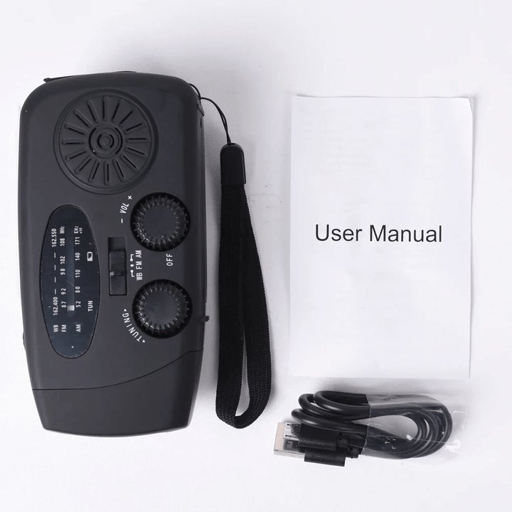 Durable portable radio for outdoor use, includes hand crank and emergency flashlight