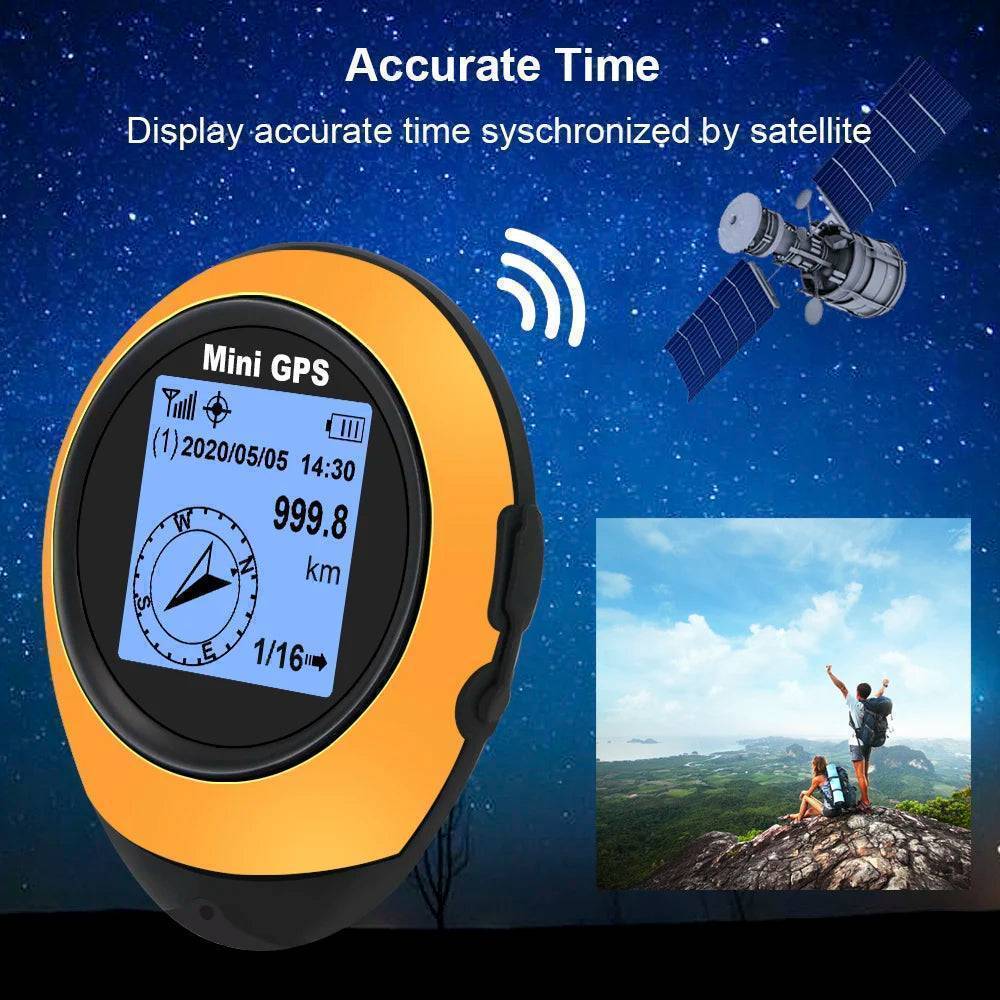 Water-resistant portable GPS navigator held in hand, displaying hiking trail for outdoor adventure