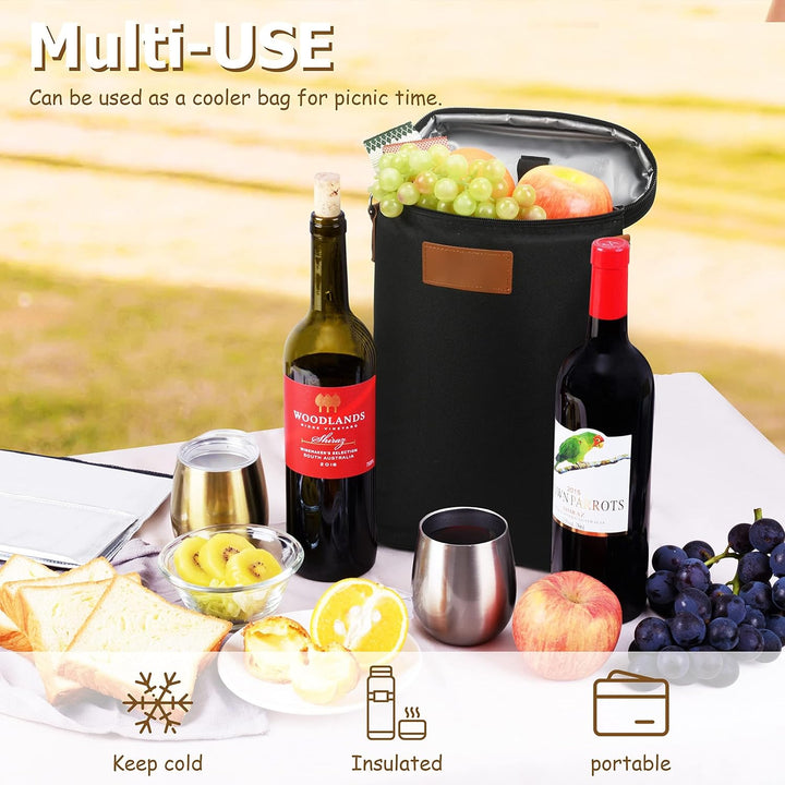 Insulated wine bottle carrier tote bag, keeps 2 bottles cool & protected for travel or outdoor events.
