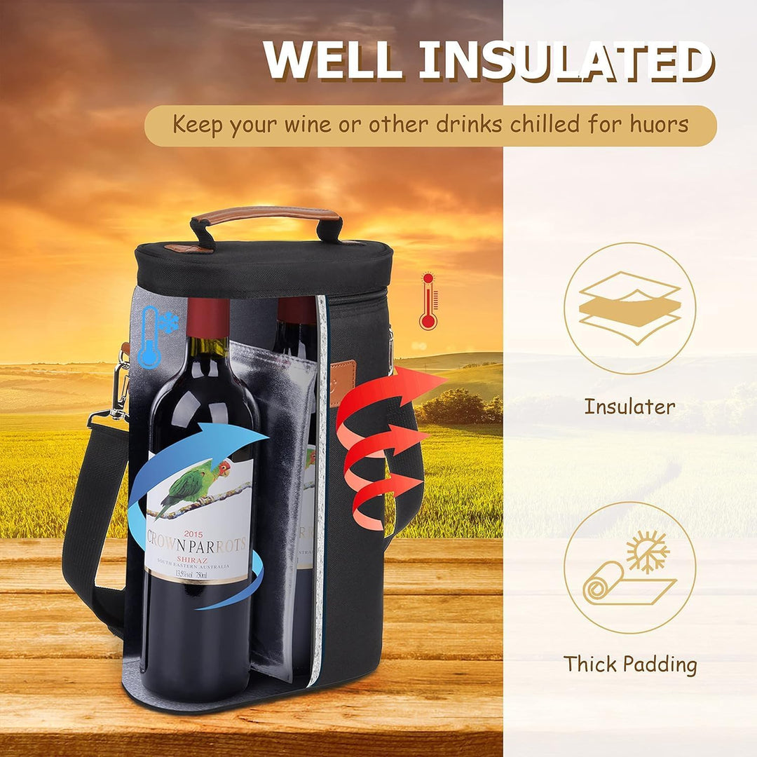 Compact insulated dual bottle tote, secure and convenient for carrying wine to parties or gatherings.