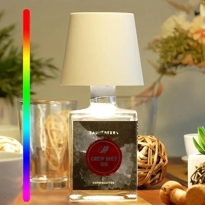 Portable GlowBottle LED bottle lamp with touch dimming, ideal for camping or outdoor dining.