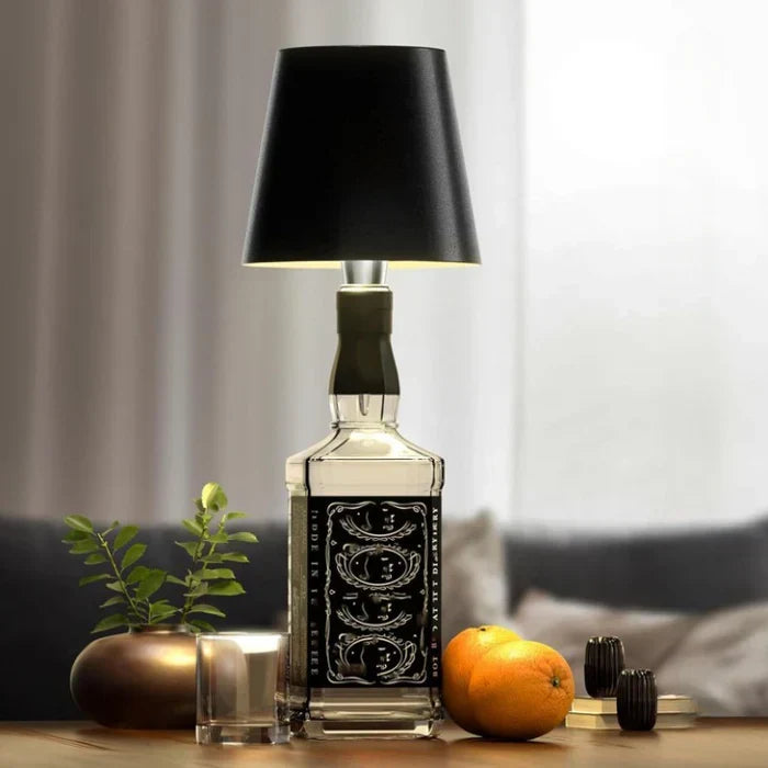 GlowBottle, a versatile portable LED bottle lamp. Wireless, dimmable, & ideal for tables.