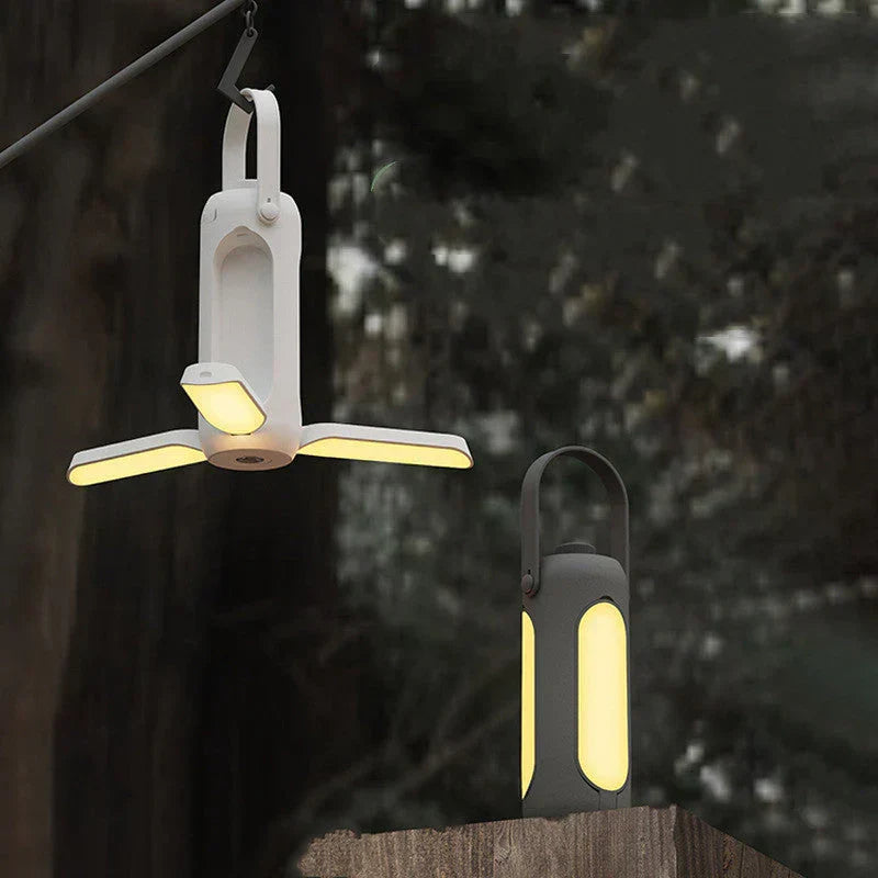 Portable LED camping lantern for outdoor adventures. Rechargeable emergency light, essential hiking gear.