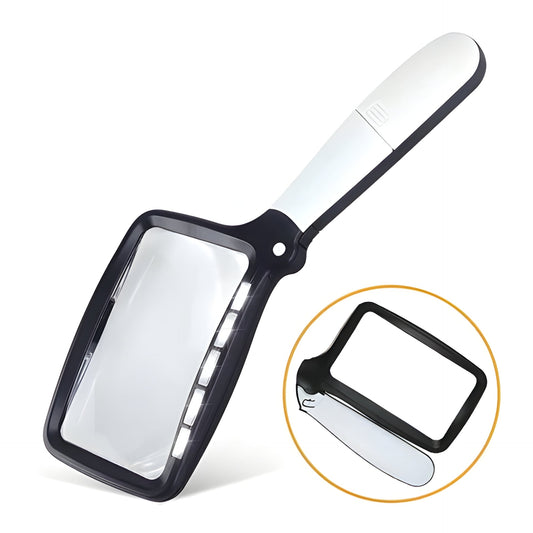 Portable LED reading magnifier for seniors; adjustable light, ideal low vision aid for clear text.