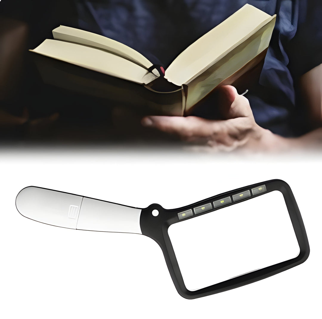 Handheld lighted magnifier with adjustable LED for clear reading, a perfect visual aid for low vision.