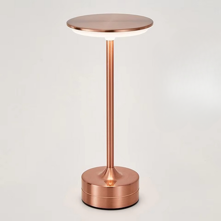 Rechargeable LED bedside lamp with touch dimming, modern home decor.