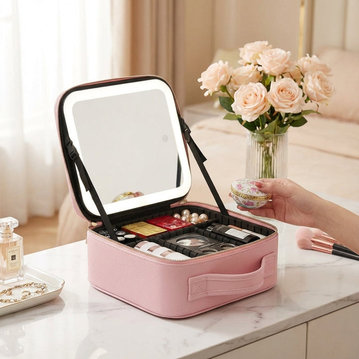 Portable lighted makeup travel case for women, ideal cosmetic organizer with bright mirror for on-the-go beauty.