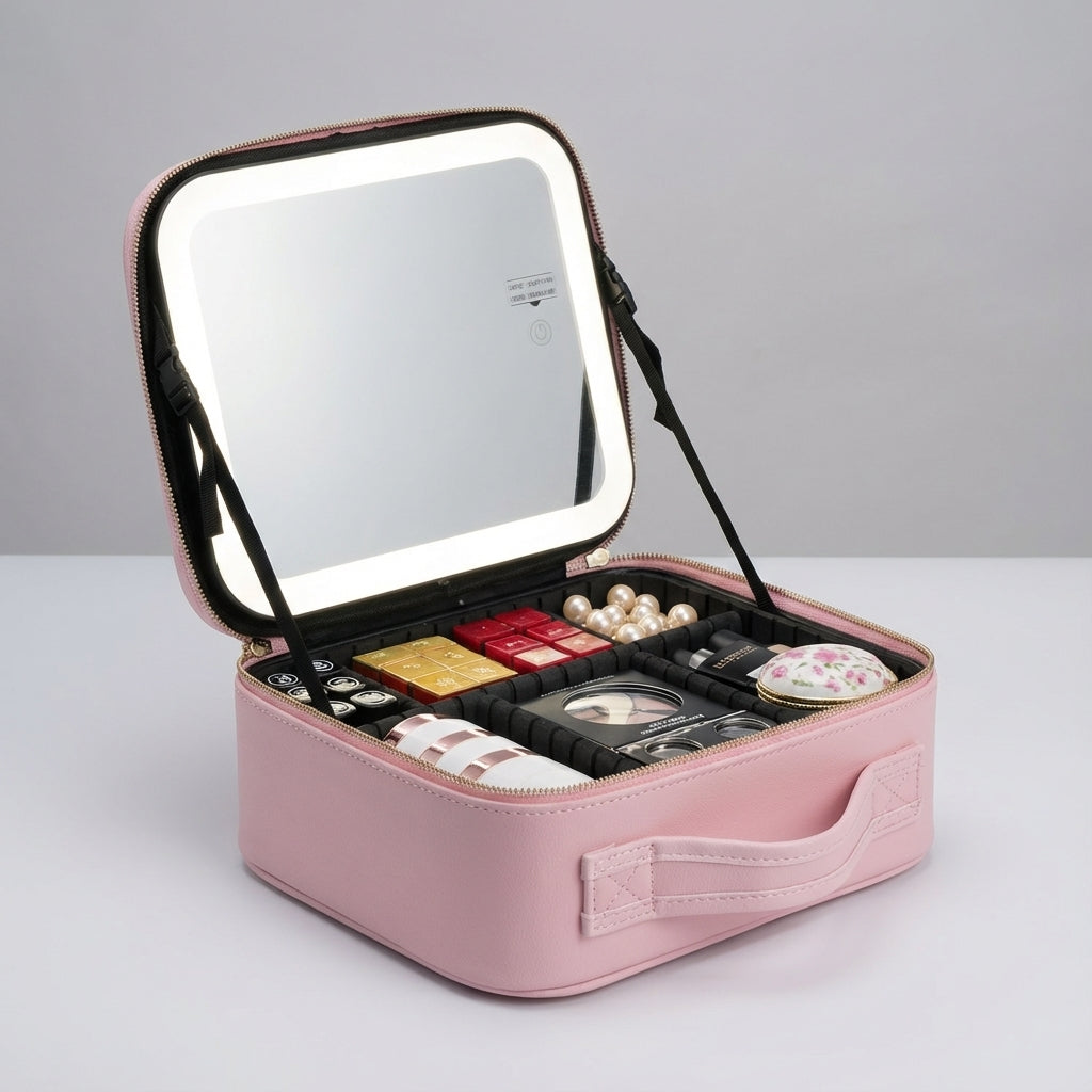 Women's travel makeup case with integrated LED lighted mirror, perfect portable cosmetic organizer for beauty essentials.