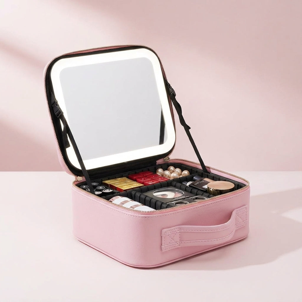 Convenient travel makeup bag with lighted mirror, a portable beauty station for women's cosmetics on the go.