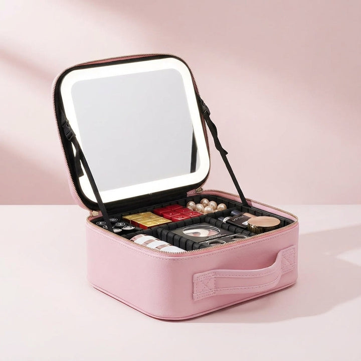 Convenient travel makeup bag with lighted mirror, a portable beauty station for women's cosmetics on the go.