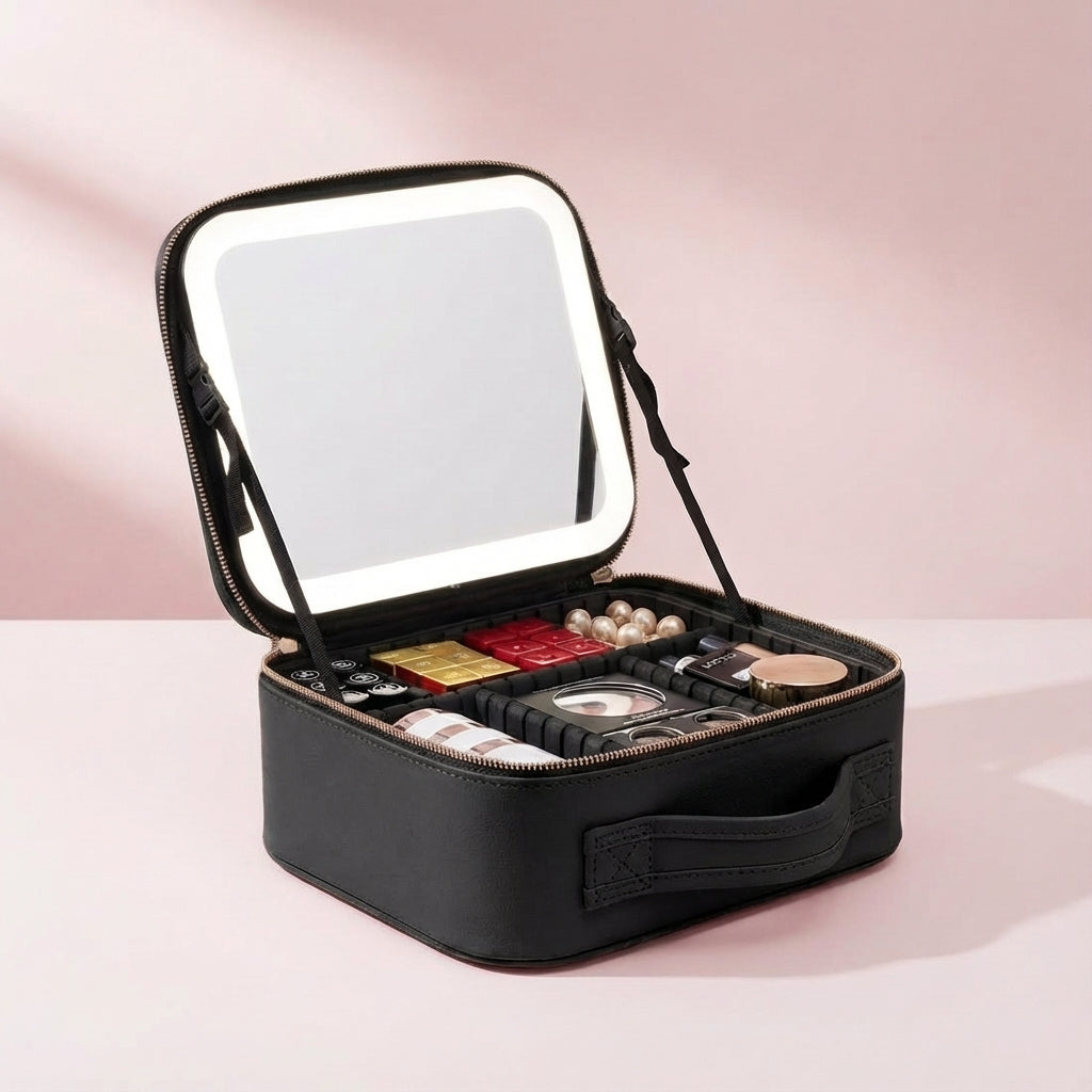 Brightique women's portable makeup organizer with LED lighted mirror, a stylish and functional travel beauty case.