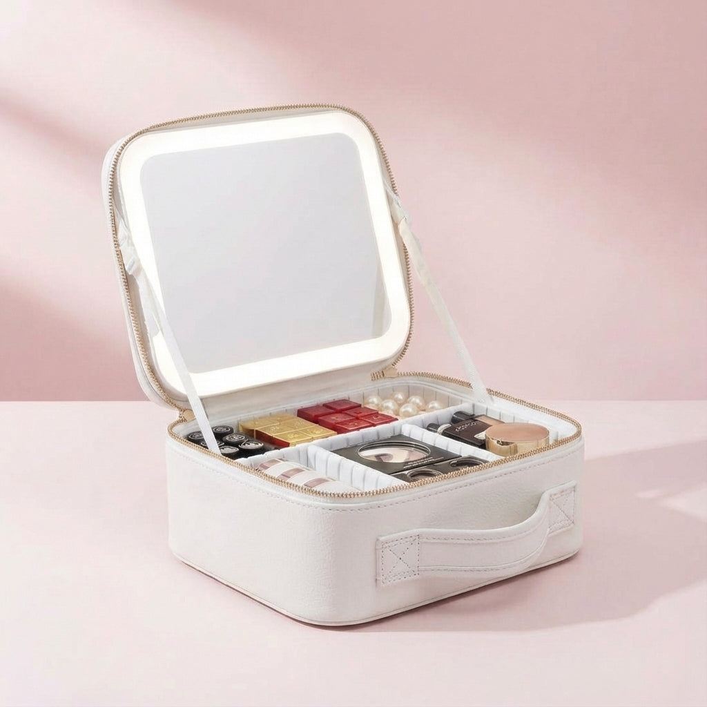All-in-one lighted makeup travel case for women, serves as a portable vanity, cosmetic organizer & beauty bag.