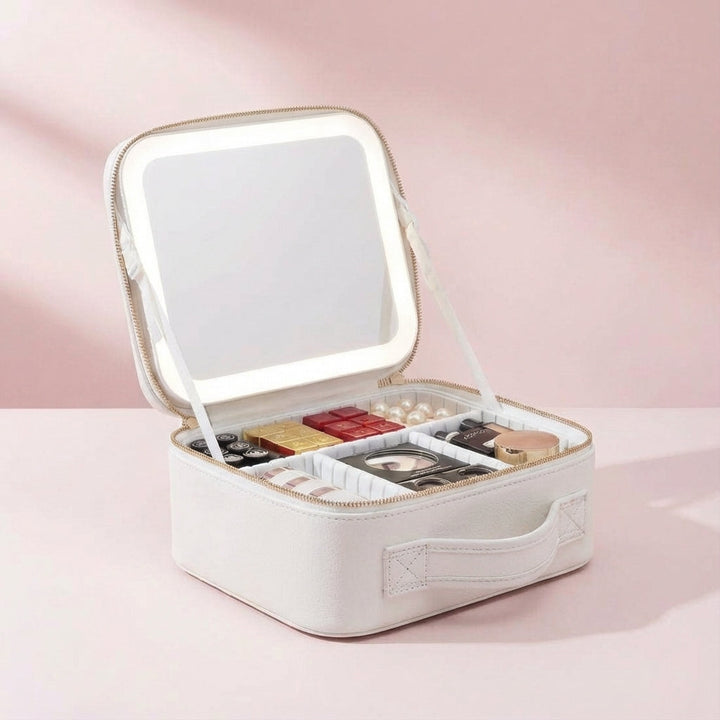 All-in-one lighted makeup travel case for women, serves as a portable vanity, cosmetic organizer & beauty bag.