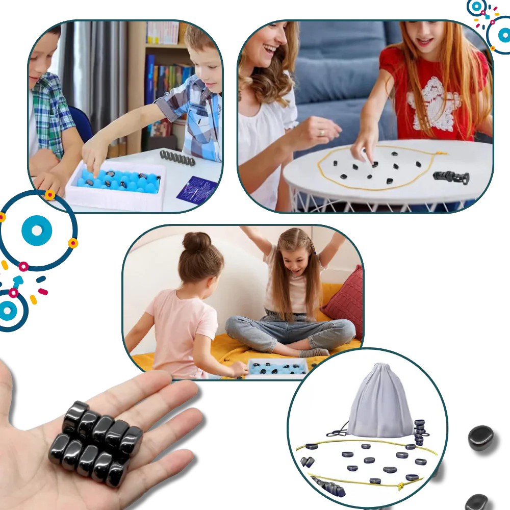 Compact magnetic strategy game with a portable board, ideal for travel, family fun & challenging tabletop play.