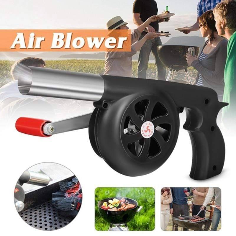 Portable manual hand-crank BBQ blower. Ideal for outdoor grilling and camping campfires.