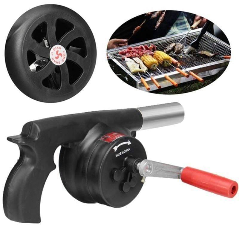 Compact hand-crank BBQ blower, perfect accessory for outdoor cooking and charcoal fires.