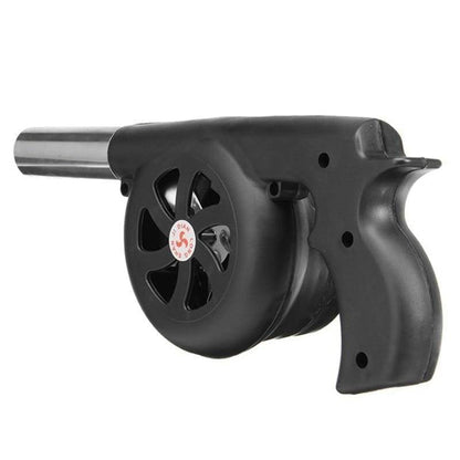 Outdoor cooking accessory: hand-crank BBQ blower. Quickly ignites charcoal for grilling and camping.