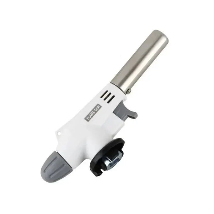 Portable metal butane gas torch for outdoor cooking, BBQ, and camping adventures.