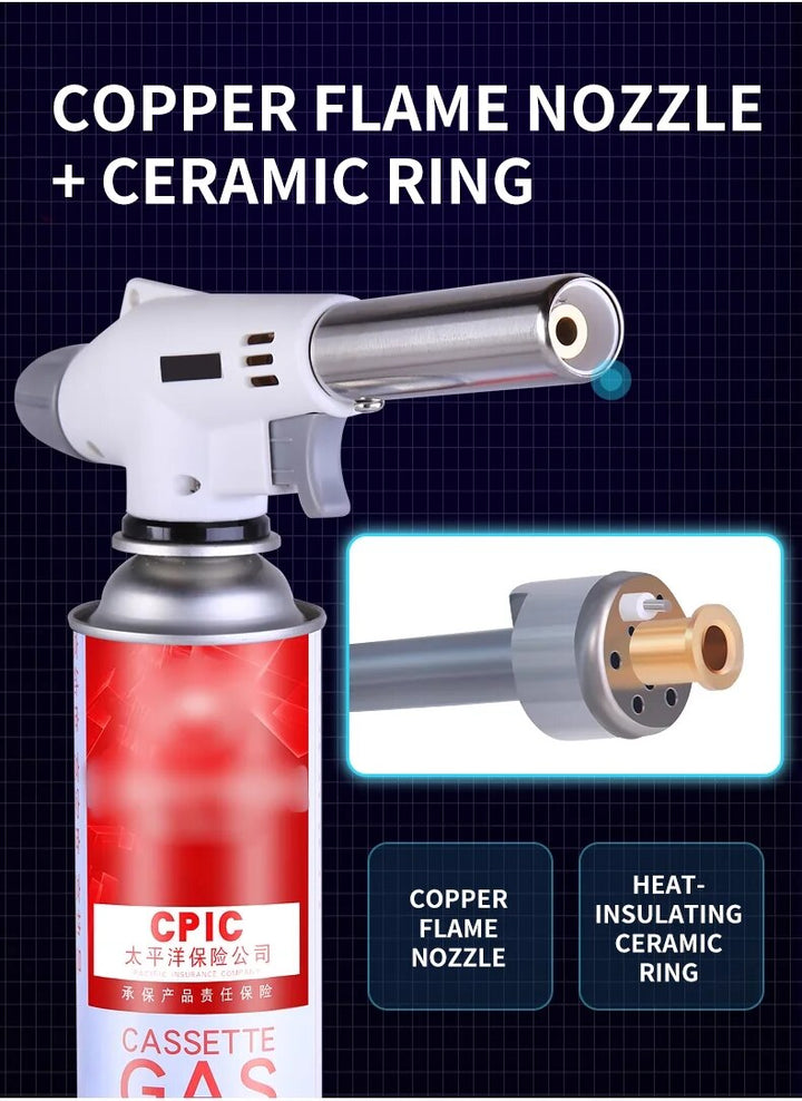Silver metal butane flame gun, ideal for outdoor cooking, BBQ, and camping fire starting.