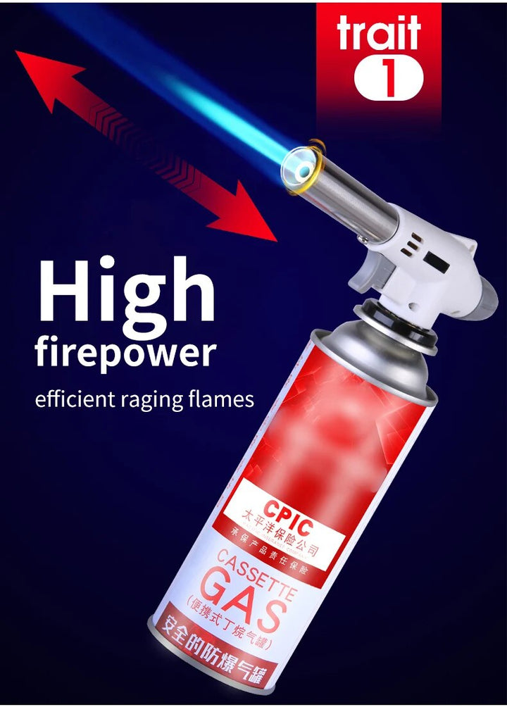 Compact metal butane flame gun, essential camping gear for igniting fires & portable stove use.