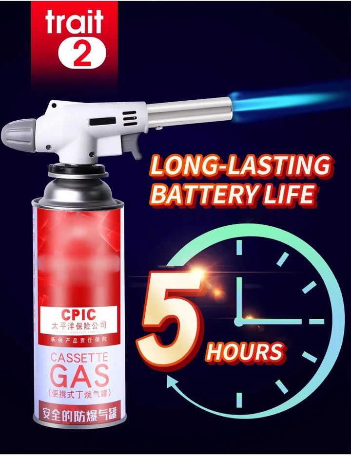 Adjustable flame metal butane torch for professional outdoor cooking and culinary tasks.