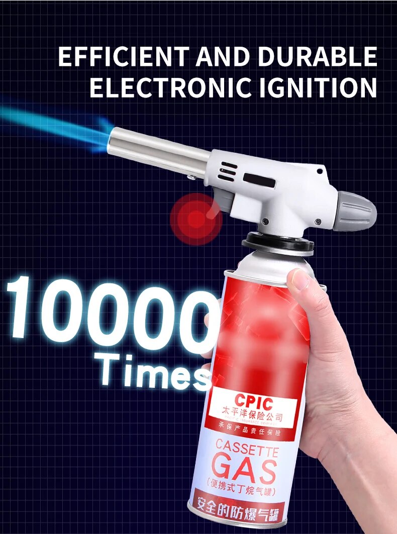 Handheld metal butane torch, ideal for BBQ ignition, camping fires, and kitchen use.