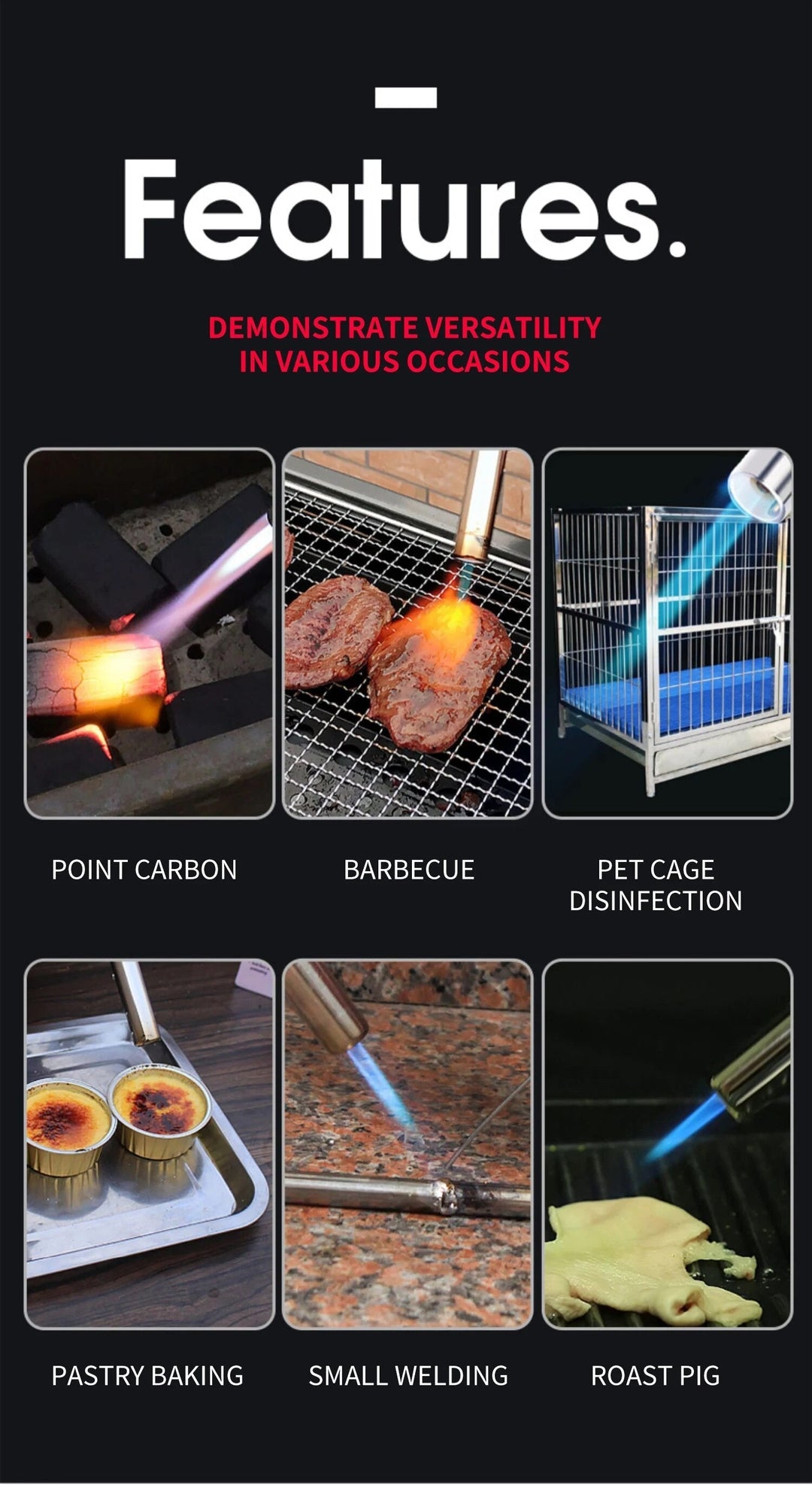 Sleek portable metal butane torch with an ergonomic grip for comfortable outdoor cooking.