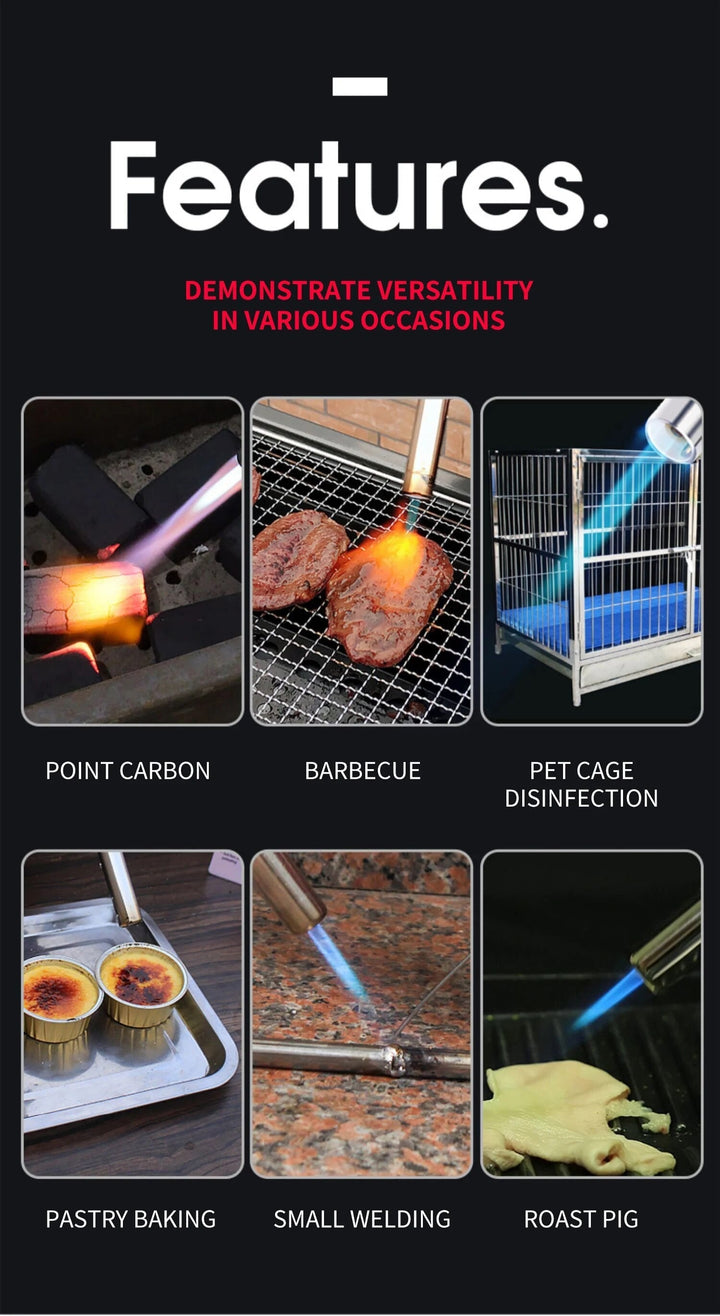 Sleek portable metal butane torch with an ergonomic grip for comfortable outdoor cooking.