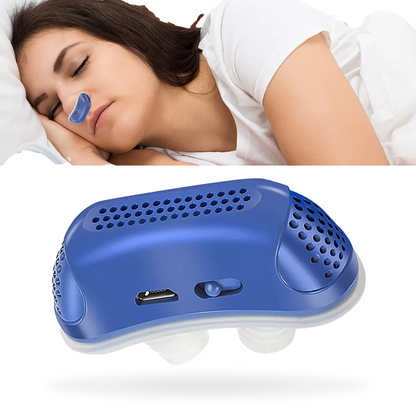 Portable Micro CPAP device for sleep apnea & snoring relief, ideal for travel. USB rechargeable & maskless nasal design.