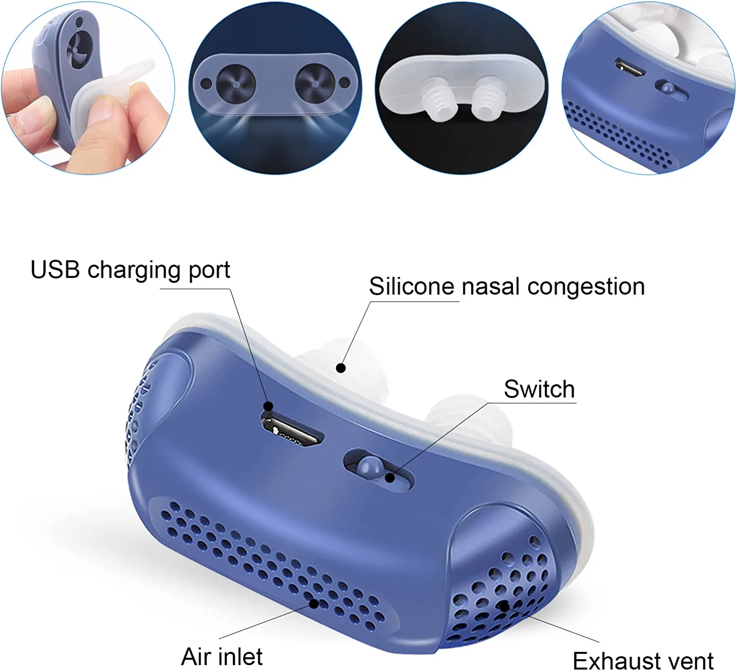 Compact anti-snoring sleep aid. Maskless micro CPAP device provides quiet, comfortable relief for sleep apnea.