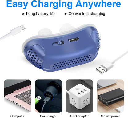 Travel-friendly USB rechargeable micro CPAP for sleep apnea. Nasal device offers effective snoring relief & quiet sleep.