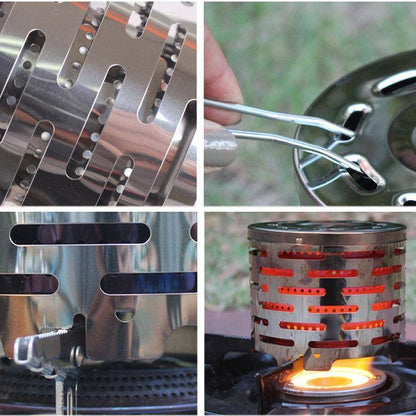 Camping heater cap attachment, turns gas stove into efficient portable heater for survival & outdoor gear