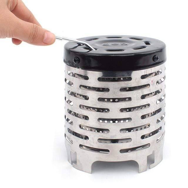 Compact camping stove heater cap, stainless steel, essential outdoor heating accessory for fishing trips