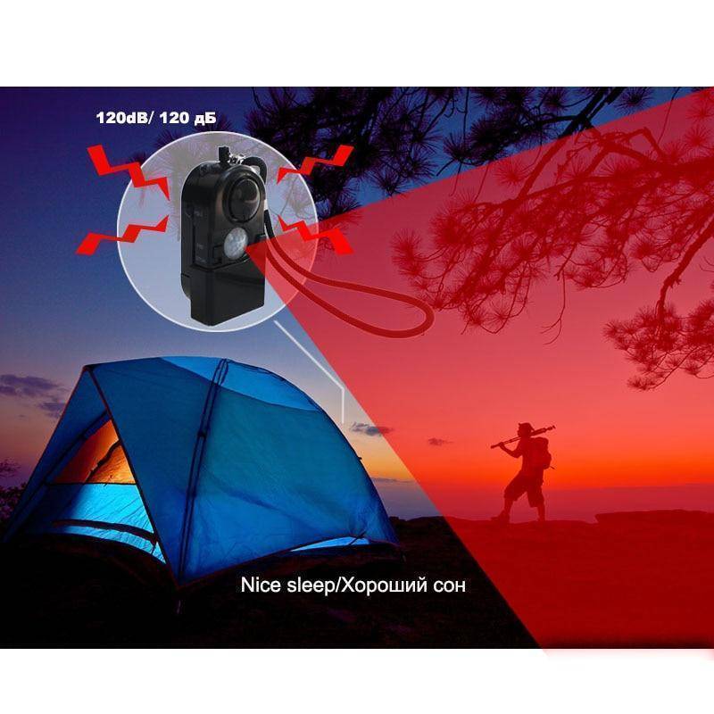 Compact outdoor security motion sensor alarm, perfect for detecting movement during camping or travel
