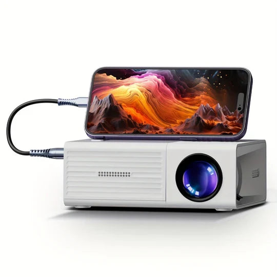 Portable mini projector, 3000 lumens, with HDMI & USB for compact home theater & gaming entertainment.
