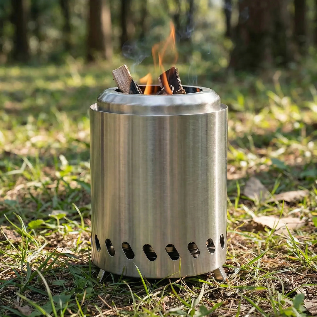 Portable mini wood-burning camping stove for backpacking & hiking. Stainless steel, ideal for outdoor survival gear.