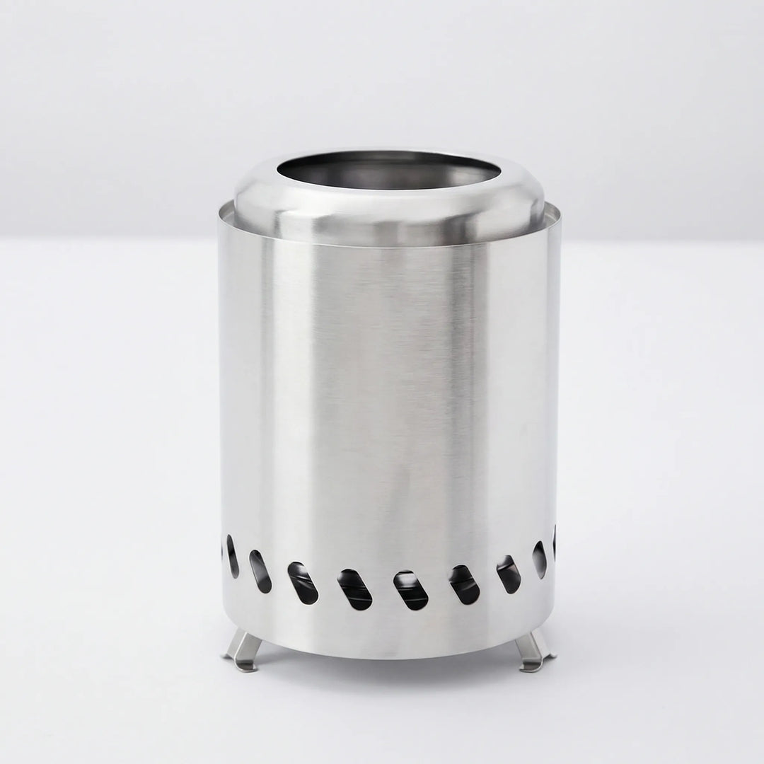 Compact stainless steel mini wood-burning stove for camping, hiking, & outdoor cooking. Lightweight & portable.
