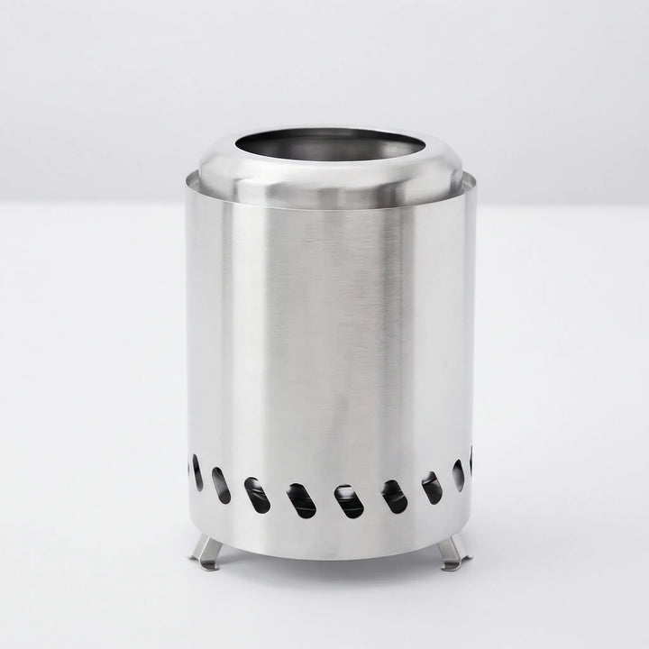 Compact stainless steel mini wood-burning stove for camping, hiking, & outdoor cooking. Lightweight & portable.
