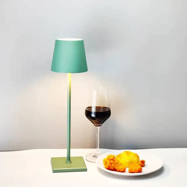 Wireless rechargeable LED table lamp, portable design for indoor/outdoor use. USB charged, modern light.