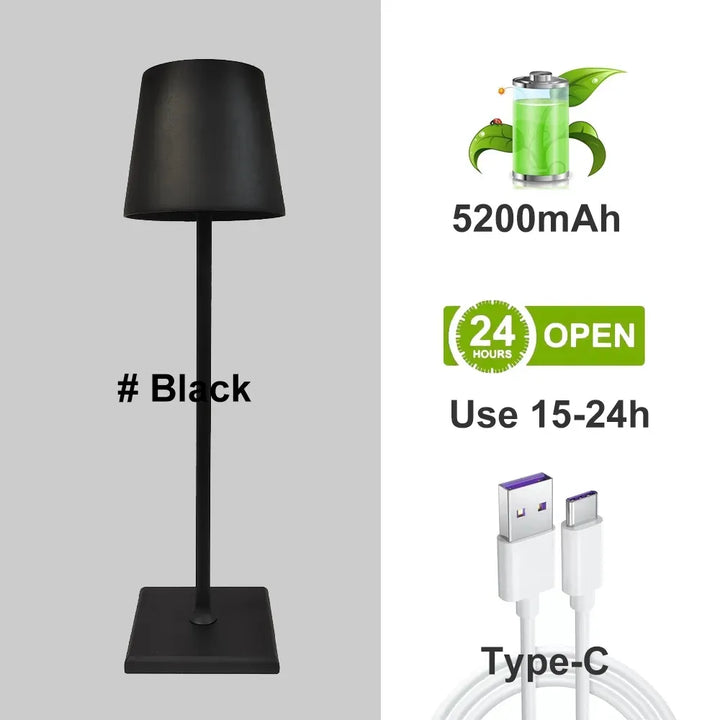 Rechargeable bar light, modern dimmable LED table lamp with touch control. Enhances restaurant ambiance.