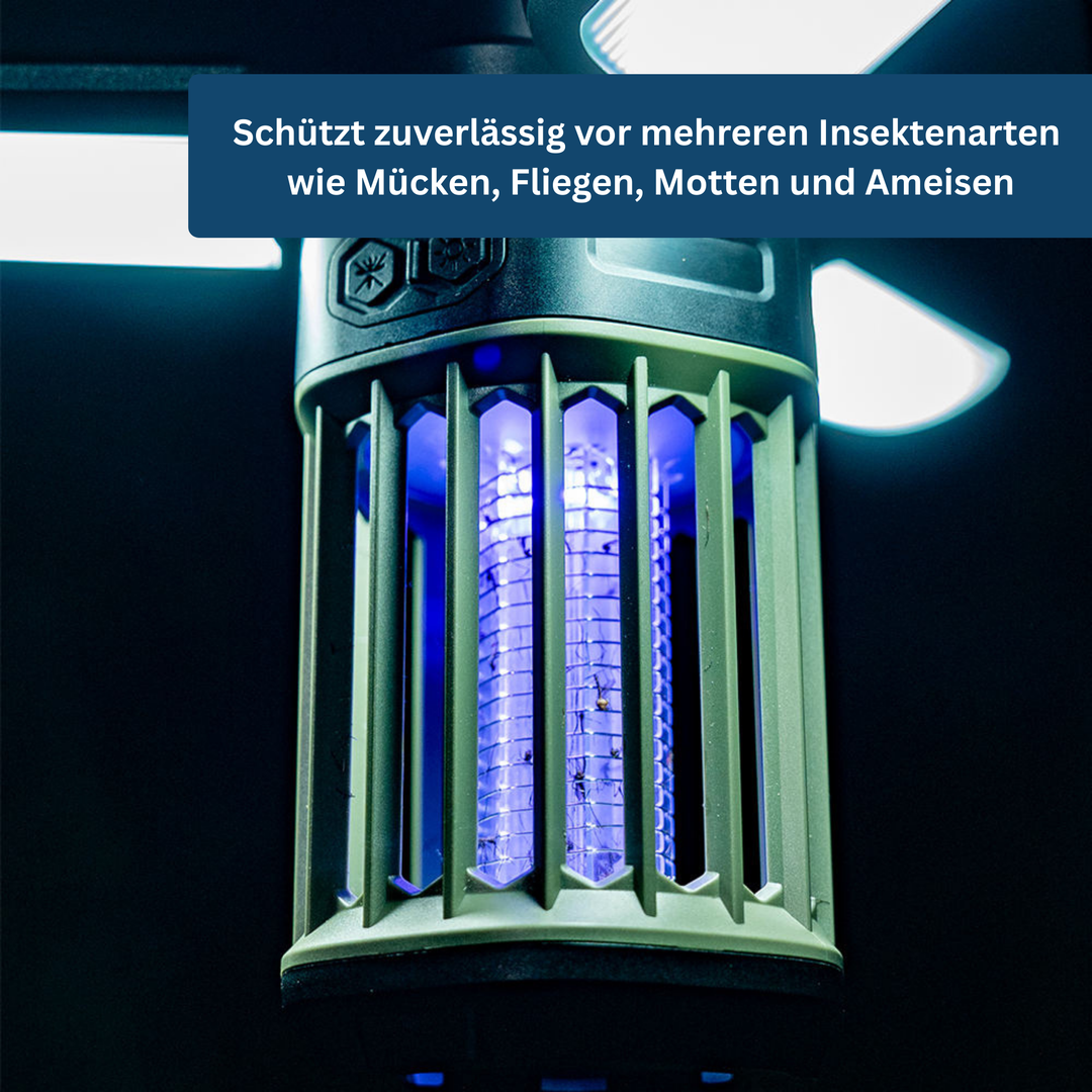 Integrated bug zapper and portable light in a modern anti-mosquito lantern, enhancing outdoor comfort.