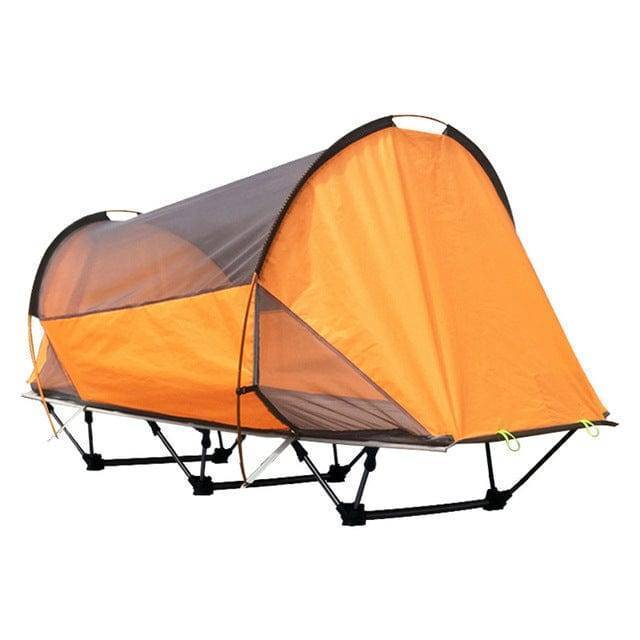 Hiking tent: Compact, off-ground portable shelter with yellow and green accents for comfortable camping.