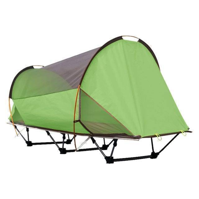 Durable yellow and green off-ground camping tent for backpackers seeking lightweight outdoor shelter.