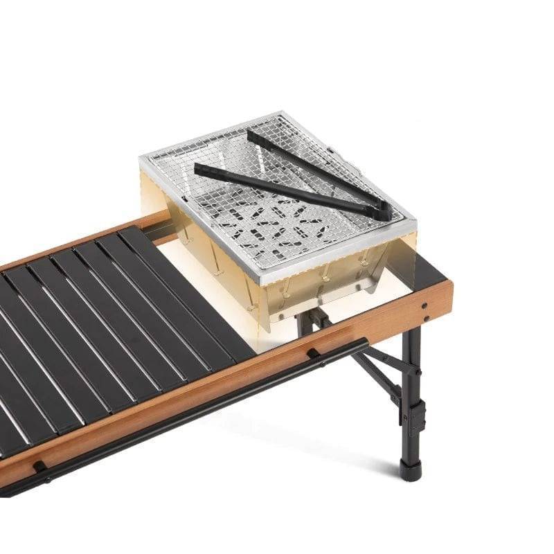 Compact aluminum alloy camping table transforms into a versatile BBQ cooking station for outdoor picnics and events.