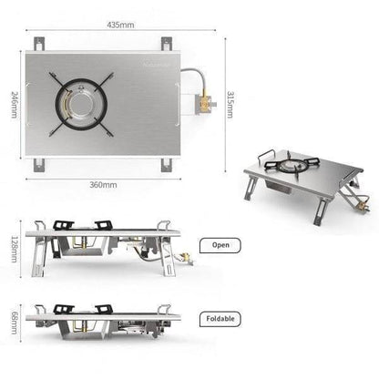 Camping gear: multi-functional folding table with integrated space for portable grill, suitable for outdoor cooking.