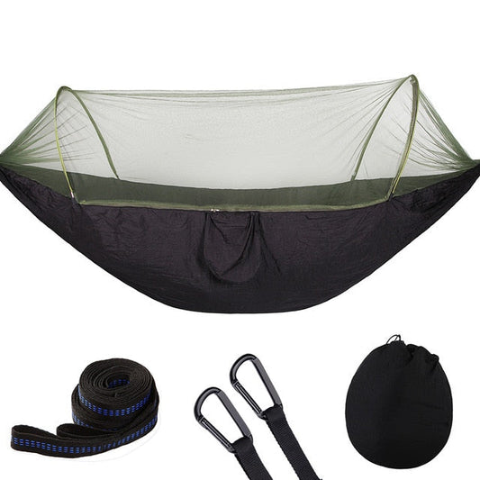 Portable outdoor camping hammock made of durable nylon, perfect for travel & hiking