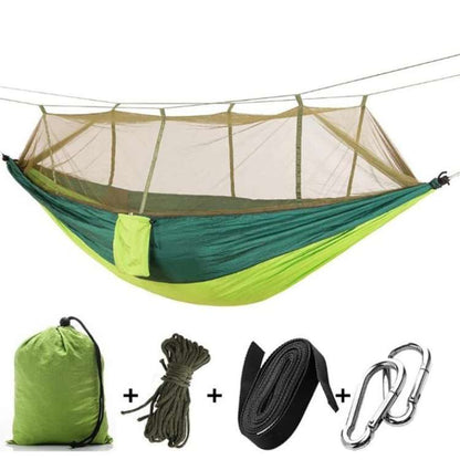 Hammock for camping and hiking, features an essential mosquito net for comfort.